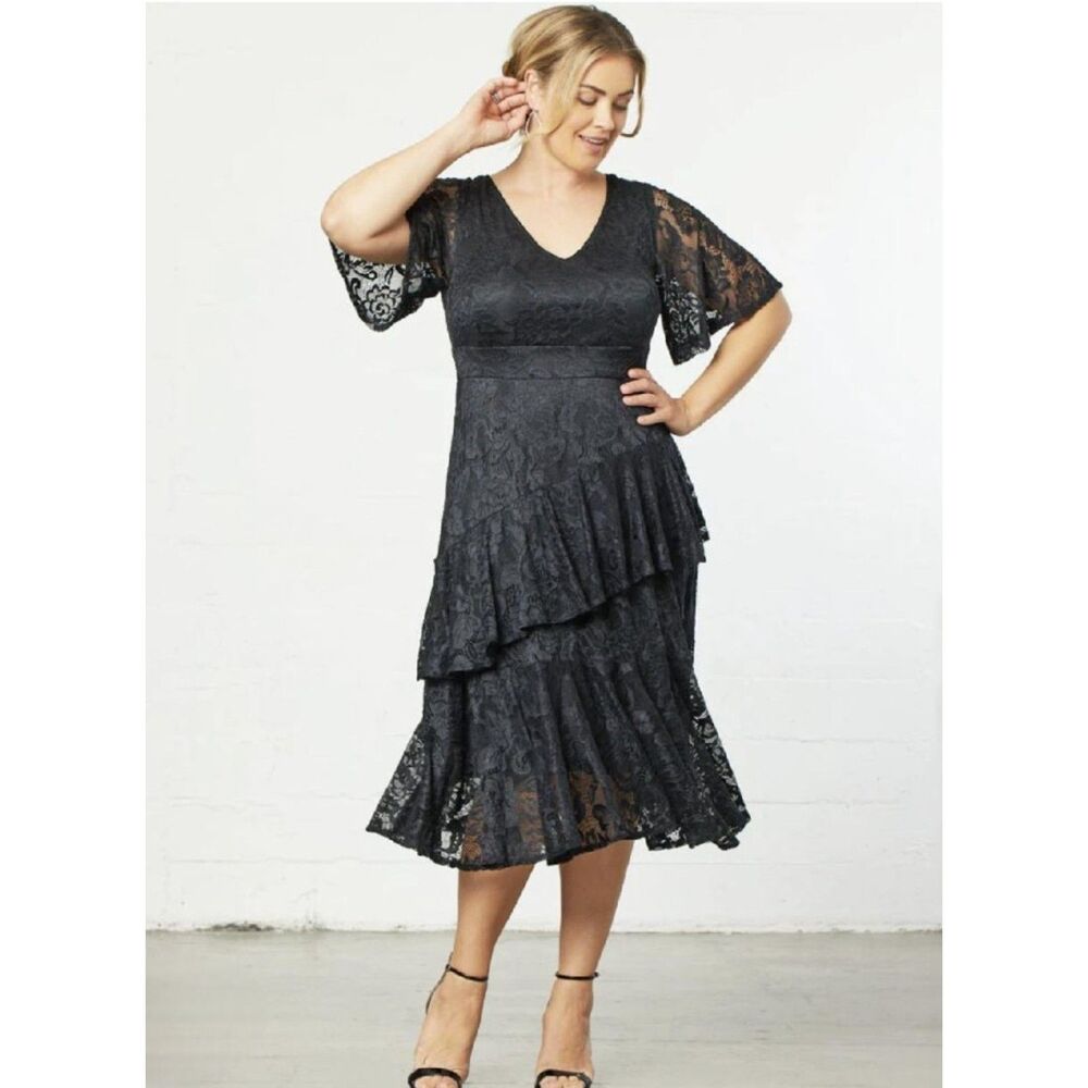 Kiyonna Black Lace Tiered Midi Dress